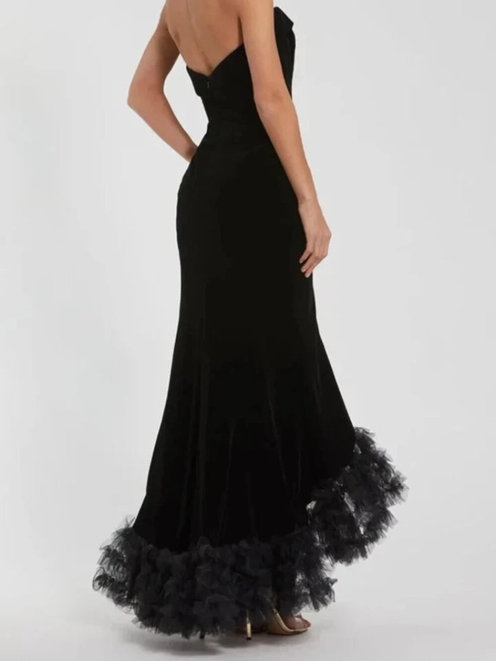 Mac Duggal Black Velvet Strapless Ruffled High Slit Mermaid Gown - Picture 2 of 3